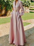 Maxi Cotton Dress, Long Sleeves, Lapel Collar, Plain, Belt Design, Vintage, Light Pink