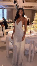 Deep V Backless Sequin Maxi Evening Gown