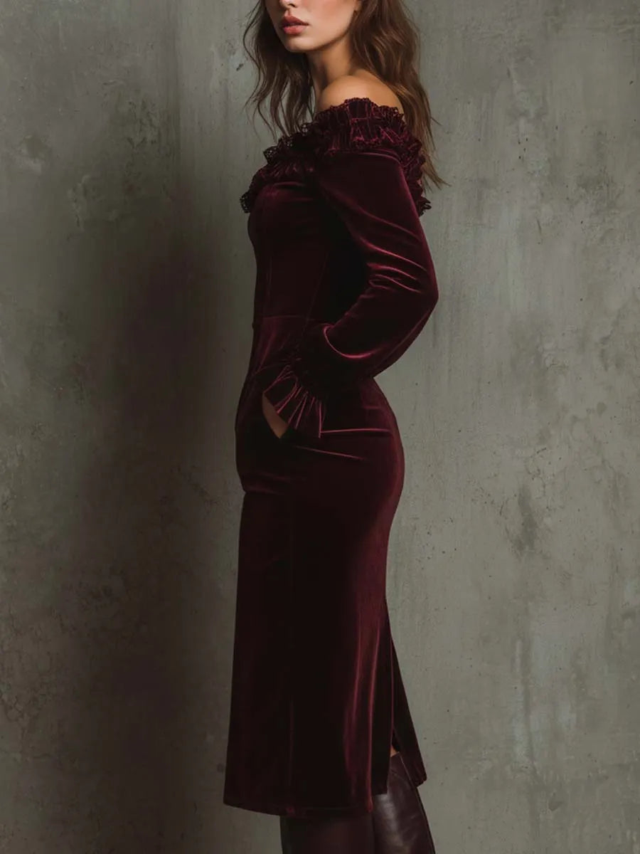 Wine Velvet Off-Shoulder Midi Dress With Lace Trim