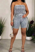 Acid Wash Strapless Fringe Denim Biker Short Jumpsuit
