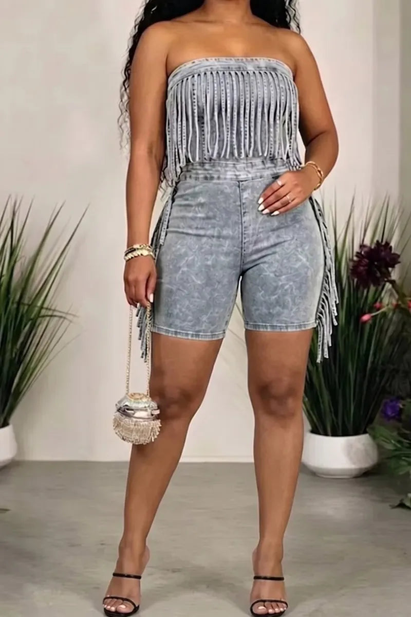 Acid Wash Strapless Fringe Denim Biker Short Jumpsuit