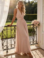 Pink 3D Floral Pleated Chiffon V Neck Sleeveless A-Line Maxi Dress