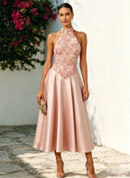 Pink Satin Halter Neck Sleeveless A-Line Midi Dress