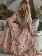 Women's Retro Floral Embroidered Art V-neck Long Sleeve Maxi Dress