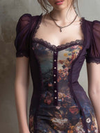 Vintage Lace Trim Oil Painting Style Chiffon Mini Dress