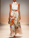 Orange Floral Chiffon Halter Mock Neck Sleeveless A-Line Maxi Dress