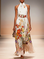 Orange Floral Chiffon Halter Mock Neck Sleeveless A-Line Maxi Dress