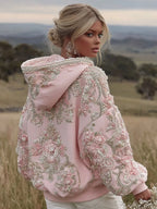 Women's Pink Flower Embroidery Art Long Sleeve Hoodie