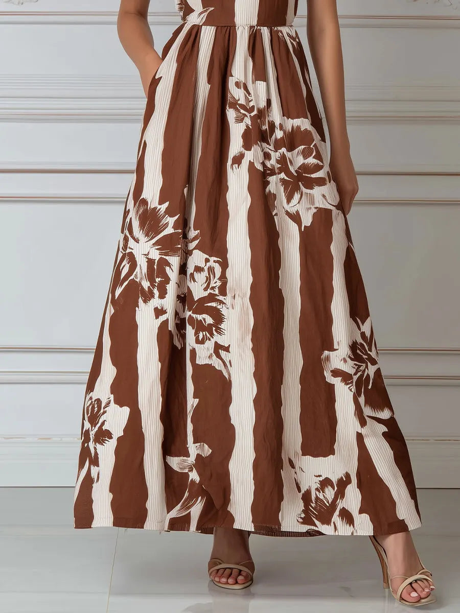 Earthy Striped Floral Print Cold-Shoulder Maxi Dress