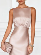 Pink Ruched Satin Boat Neck Sleeveless Sheath Midi Dress