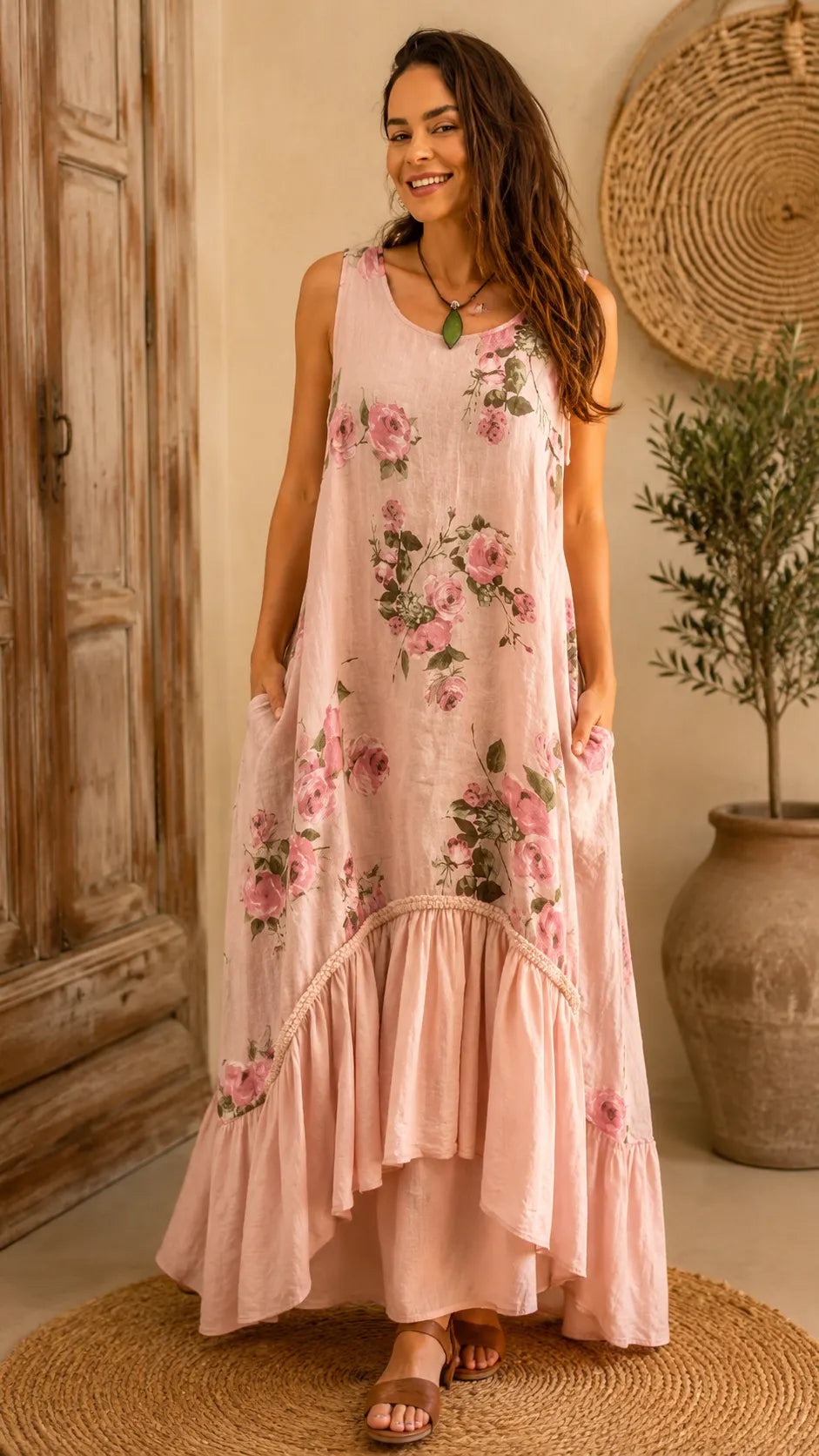 Rose Floral Sleeveless Linen-Blend Maxi Dress