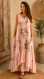 Rose Floral Sleeveless Linen-Blend Maxi Dress