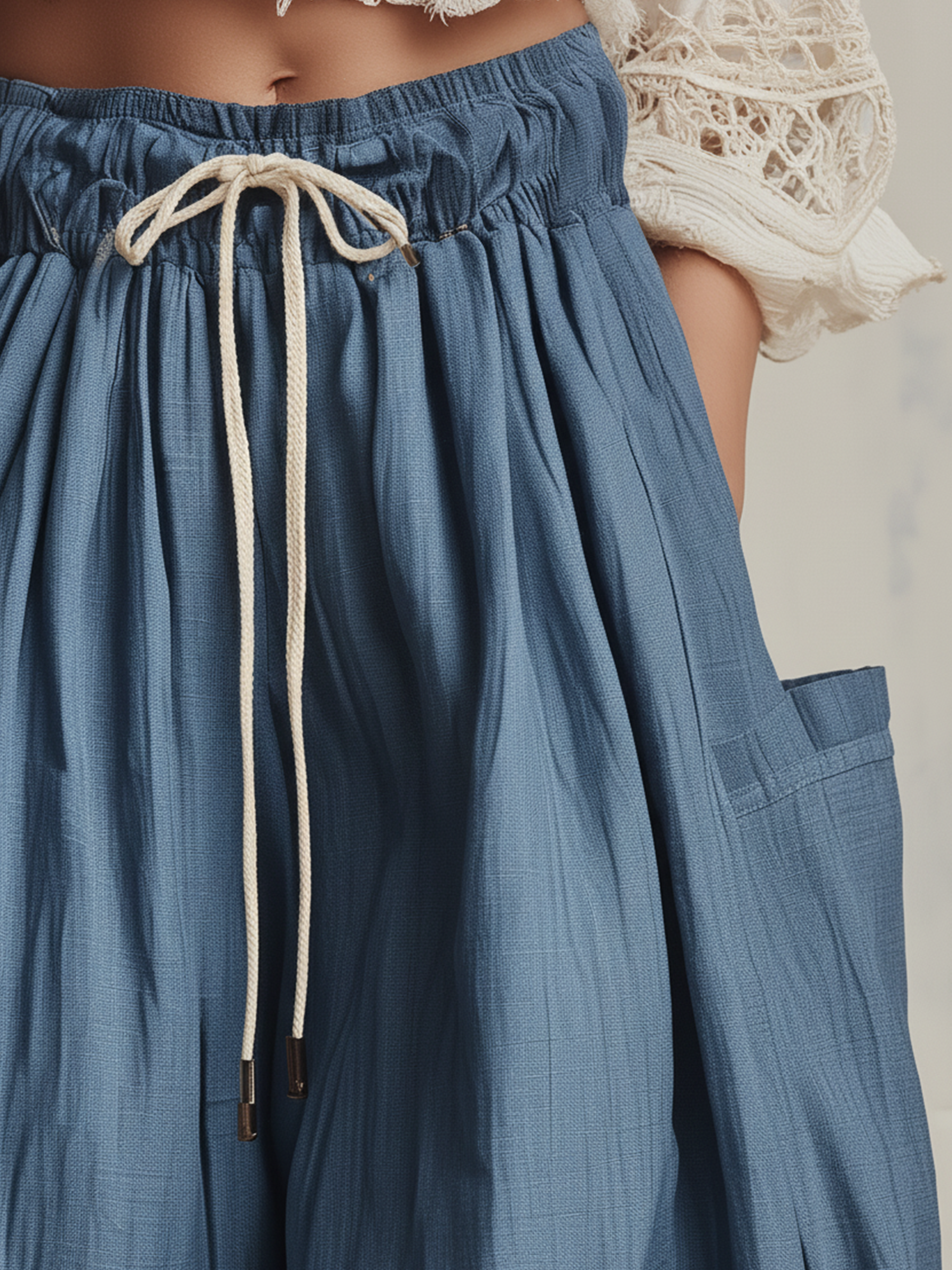 Blue Boho Linen Harem Pants with Crochet Lace Trim | Relaxed Fit Casual Trousers