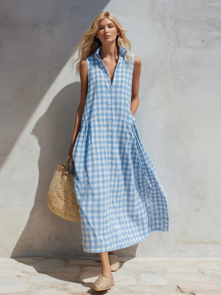 Chic Urban Blue Yarn-Dyed Plaid Lapel Sleeveless Maxi Dress