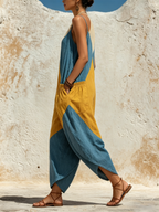 Loose-Fit Color-Block Denim Halter Jumpsuit with Pockets