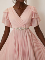 Pink Pleated Rhinestone Chiffon V Neck Short Sleeve Ruffle Sleeve A-Line Maxi Dress