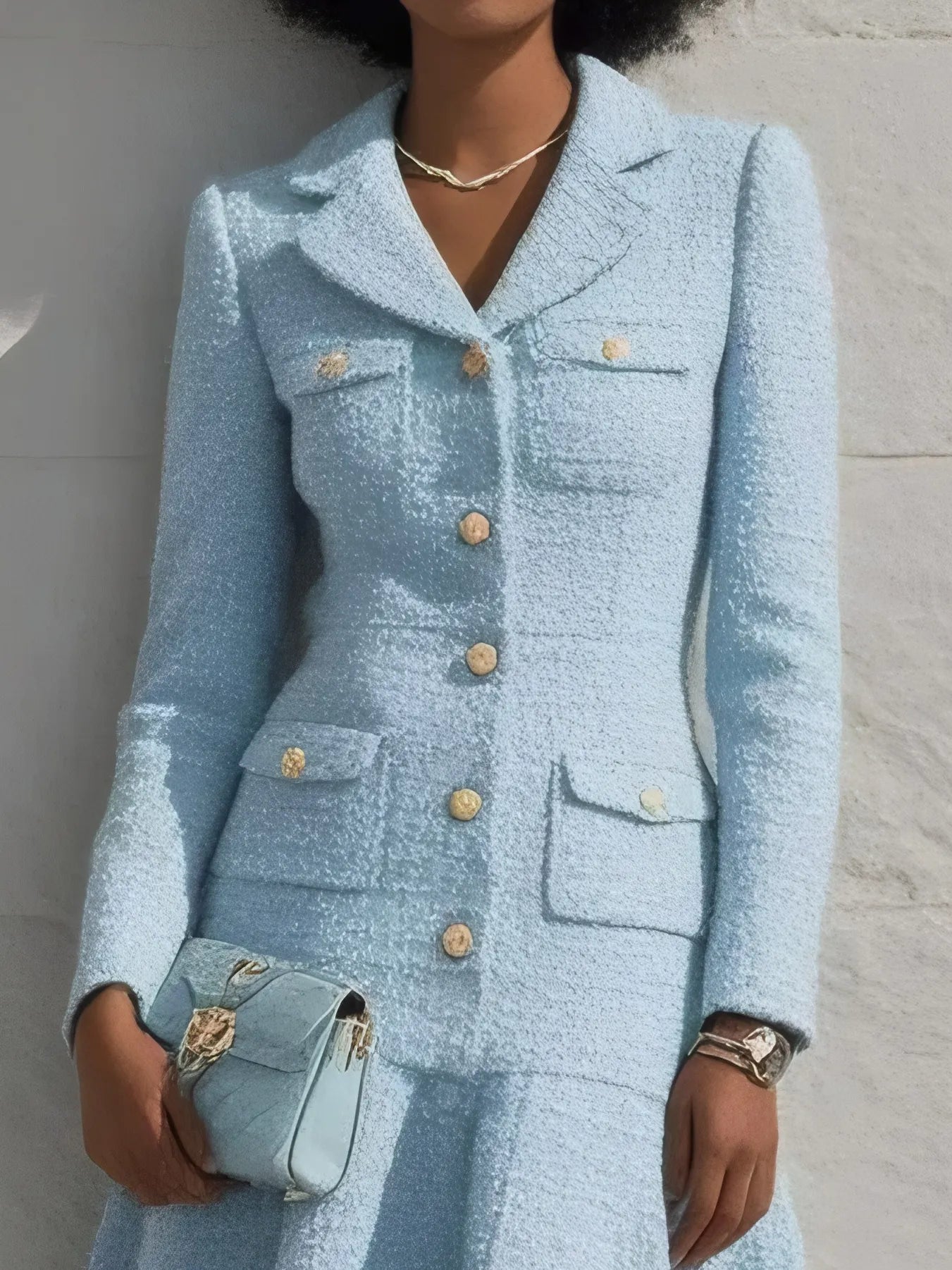Light Blue Lapel Collar Pocket A-Line Midi Tweed Blazer Dress
