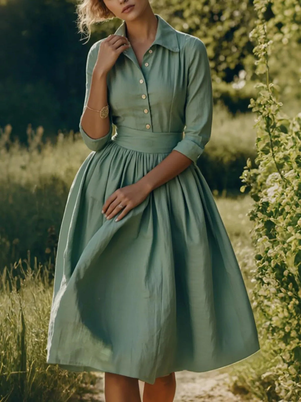 Midi Linen Dress, Half Sleeve,  Linen Blend, Plain, Renaissance, Green