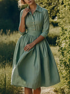 Midi Linen Dress, Half Sleeve,  Linen Blend, Plain, Renaissance, Green