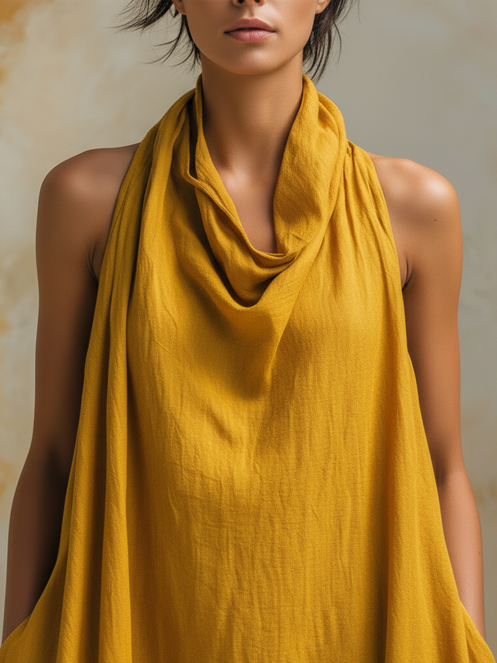 Mustard Yellow Linen Tencel Halter Neck Maxi Dress