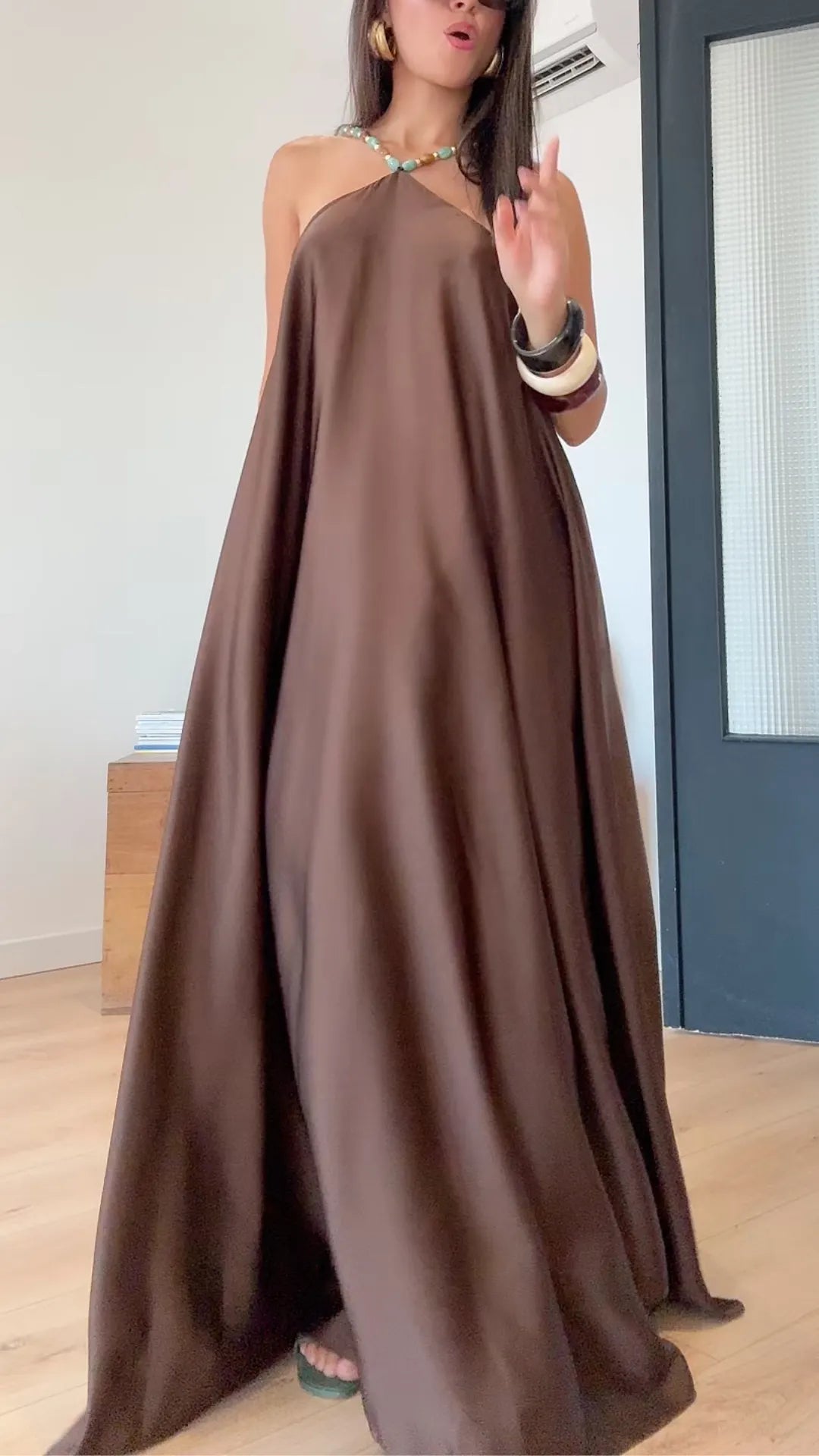 Halter Satin Flowy Maxi Dress
