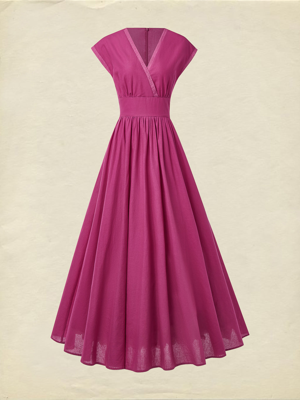 Maxi Linen Dress , Cap Sleeves, V Neck, Plain, Lace, Vintage, Rose Red