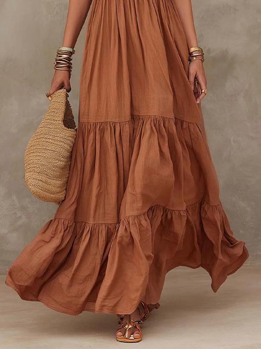 Bohemian Cotton-Linen Halter Tiered Maxi Dress