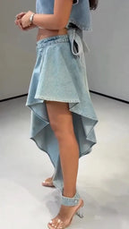 Women's Denim Two-Piece Set: Cap-Sleeve Cropped Top + Asymmetrical Pants