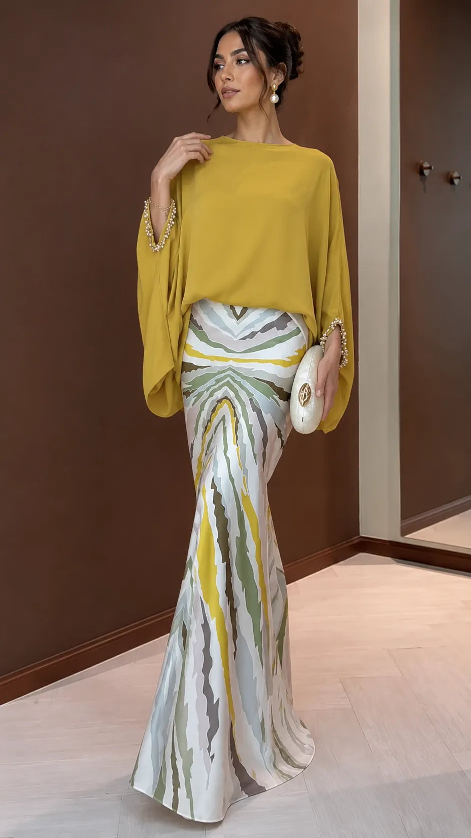 Mustard Batwing Blouse & Printed Satin Mermaid Maxi Skirt Set