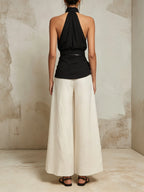 Black & White Halter Neck Two-Piece Wide-Leg Set With Belt