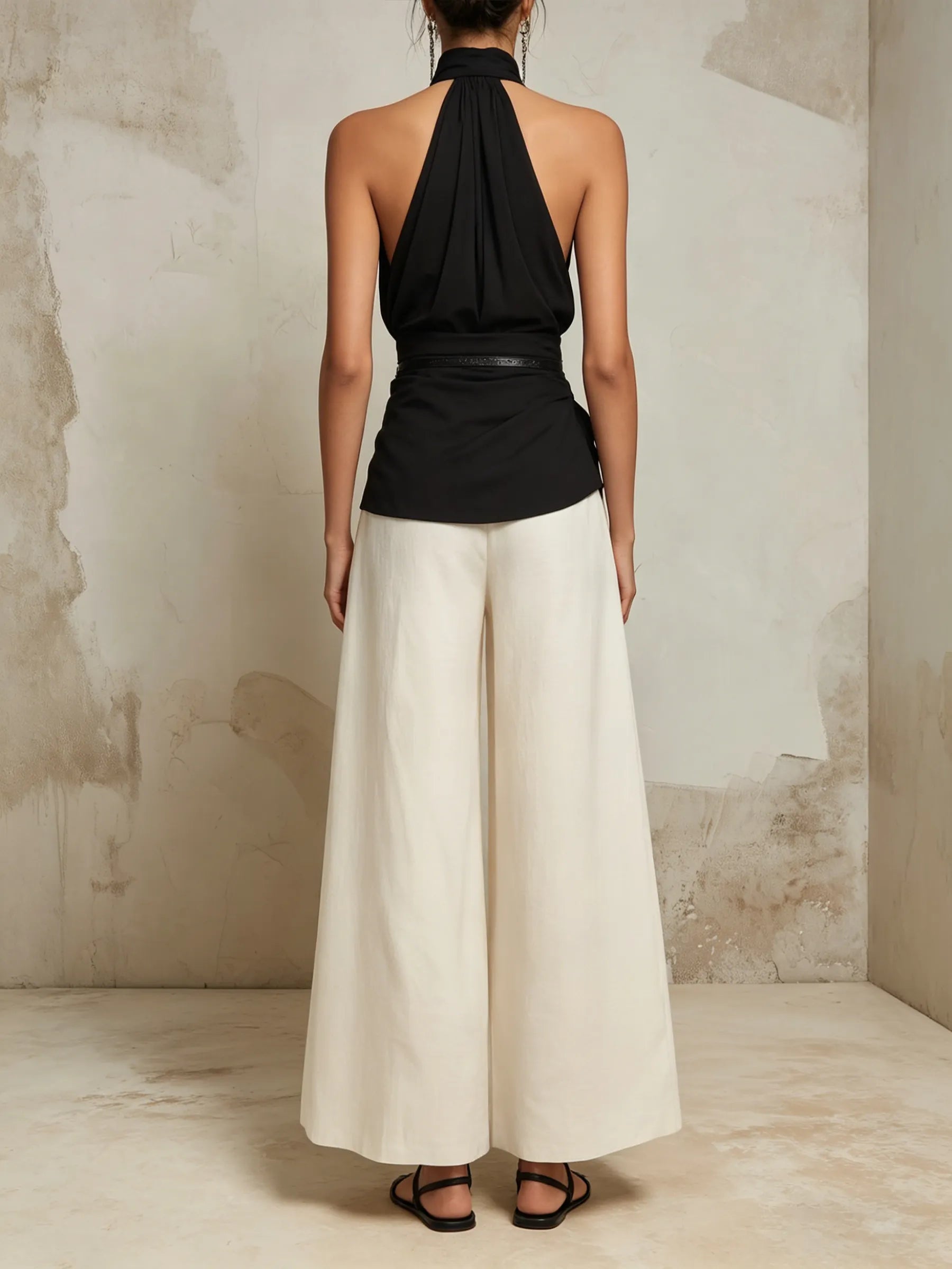 Black & White Halter Neck Two-Piece Wide-Leg Set With Belt