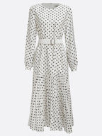 White Pleated Polka Dots Classic Crew Neck Long Balloon Sleeve A-Line Midi Dress