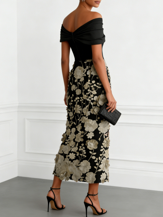Black 3D Floral Classic Off The Shoulder Short Sleeve Sheath Midi Dress