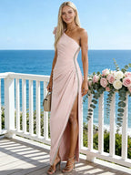 Pink 3D Floral Rhinestone Classic One Shoulder Sleeveless Sheath Maxi Dress