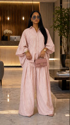 Vertical Stripe Oversized Shirt & Wide-Leg Pant Two-Piece
