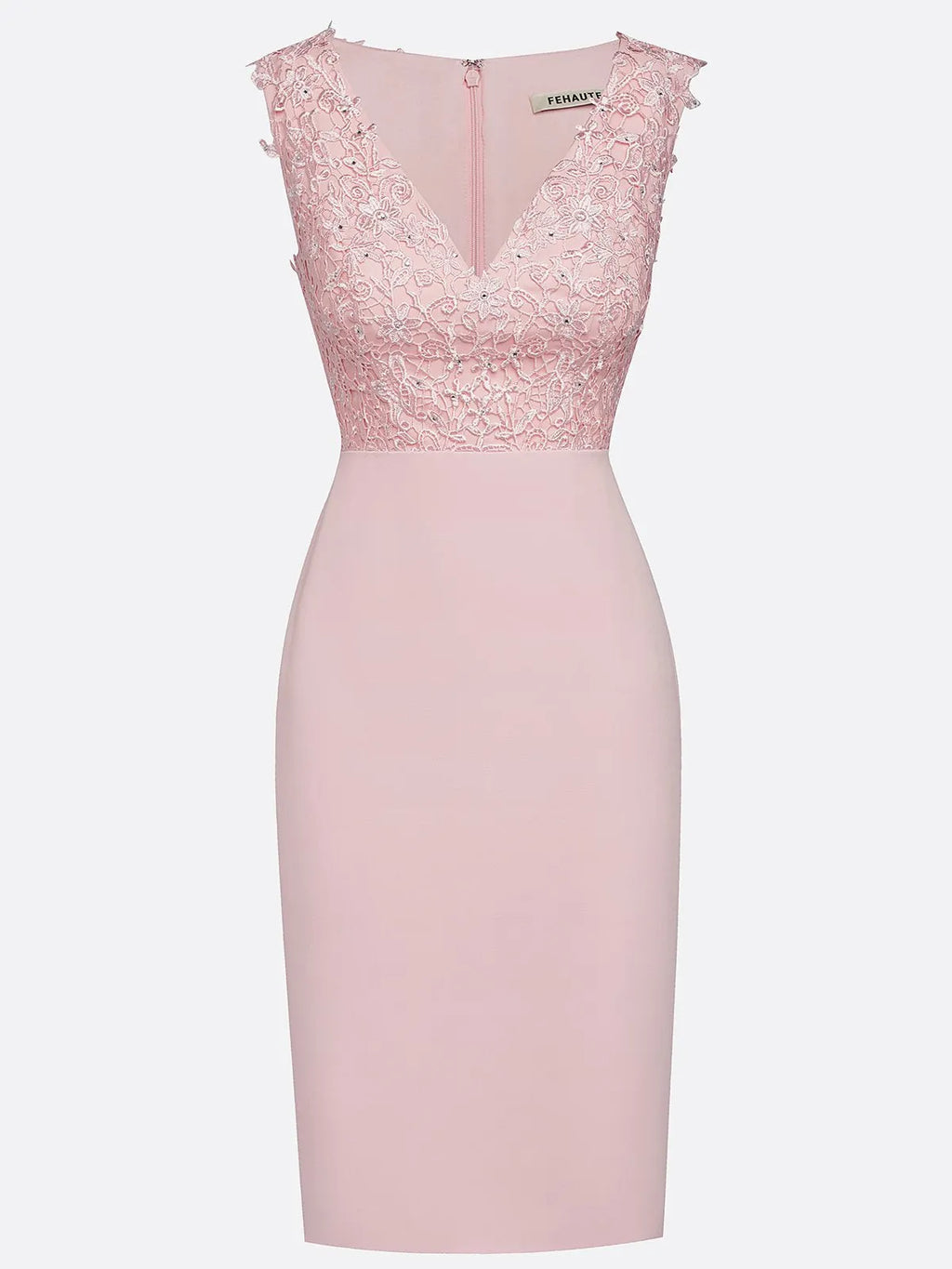 Pink Lace Hotfix Embellished Classic V Neck Sleeveless Sheath Midi Dress