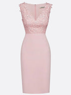 Pink Lace Hotfix Embellished Classic V Neck Sleeveless Sheath Midi Dress