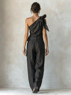 Black Linen-Blend One-Shoulder Bow Top & Wide-Leg Pants Two-Piece Set