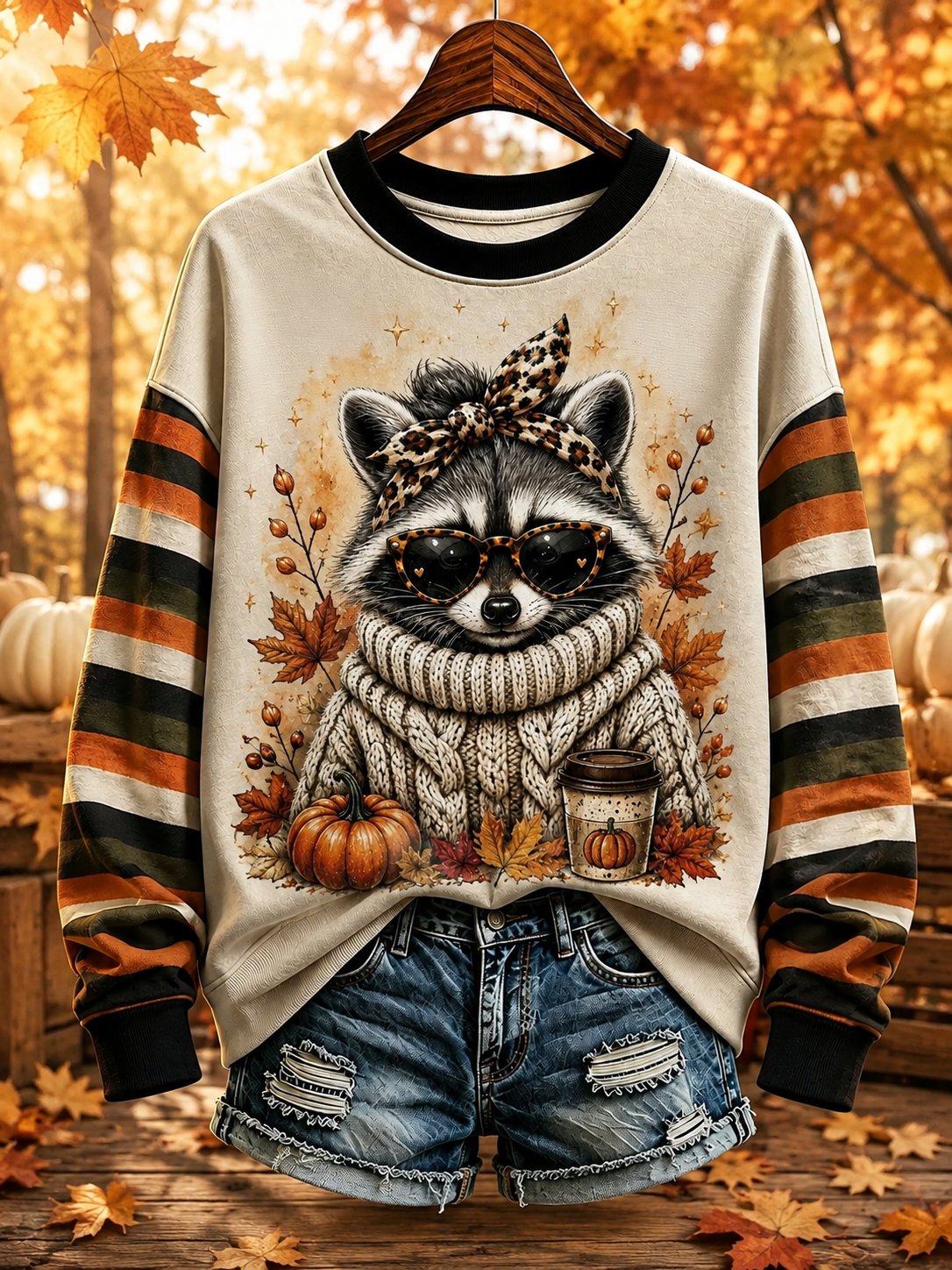 Women's Vintage Fall Raccoon Print Sweatshirt