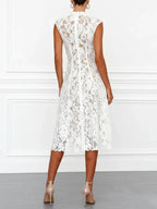 White Lace V Neck Sleeveless A-Line Midi Dress