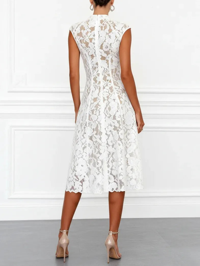 White Lace V Neck Sleeveless A-Line Midi Dress