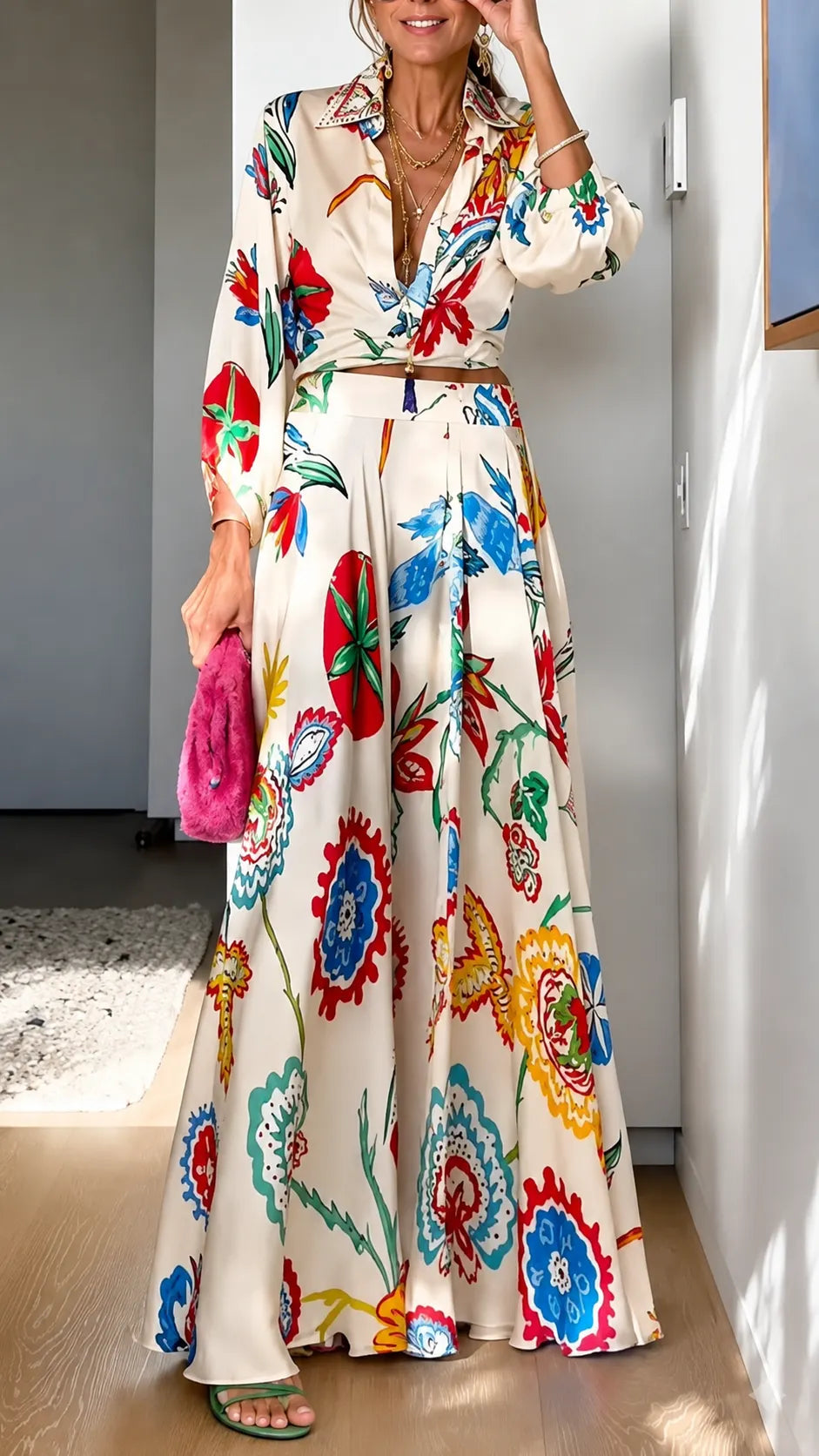 Women's Collared Printed Satin Resort Set