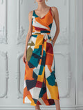 Color Block Abstract Print Wrap Midi Dress