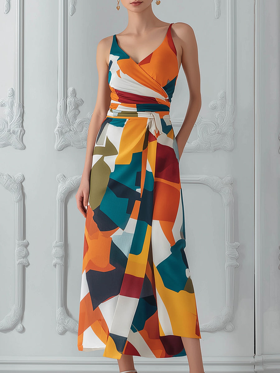 Color Block Abstract Print Wrap Midi Dress
