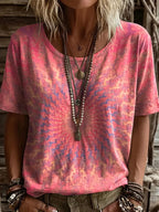Women's Vintage Ethnic Pink Mandala Art Printed Casual Round Neck Short Sleeve T-shirt