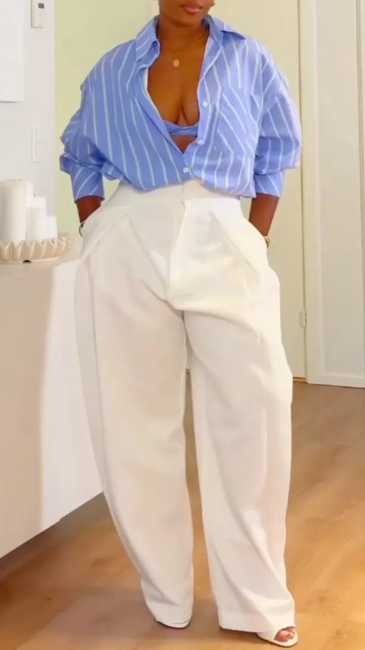 Striped Shirt & White Wide Leg Pants Two‐Piece Outfit