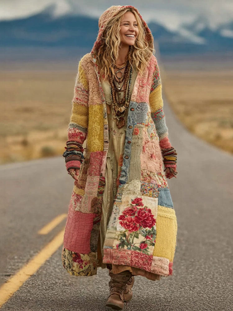 Women's Vintage Patchwork Floral Art Cozy Knit Hooded Long Cardigan