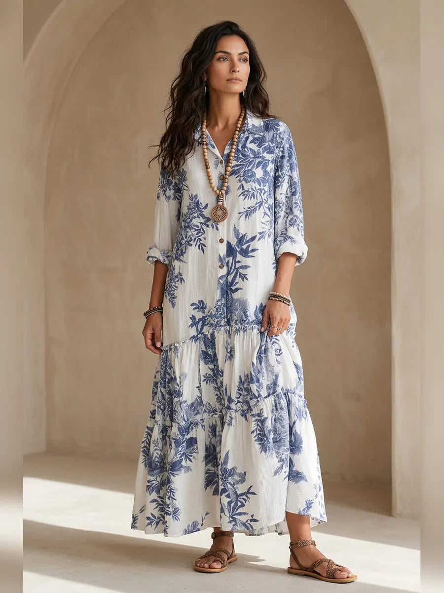 Bohemian Blue Floral Button-down Maxi Dress