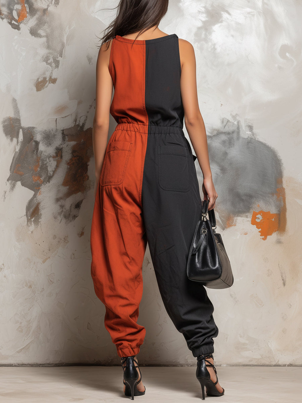 Color-Blocked Harem Denim Jumpsuit