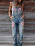 Boho Pink Roses Embroidered Washed Denim Overall Jumpsuit